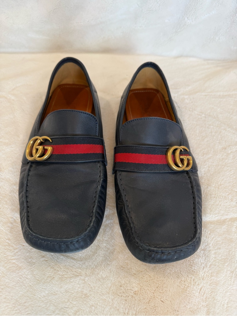 Gucci Navy Leather Loafers with Red Stripe & Gold Double G